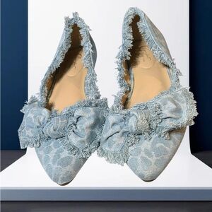 Cato Fashion Blue Denim Leopard Flats w Fraying & Bows, Women Sz 8